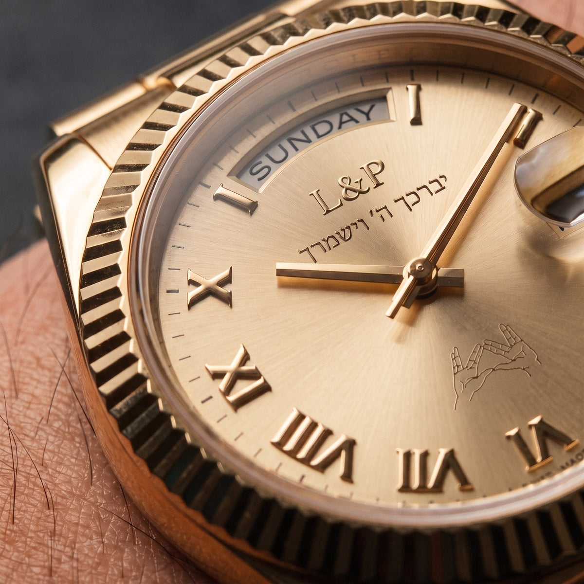 L&P Shalom - Priestly Blessing gold watch dial macro