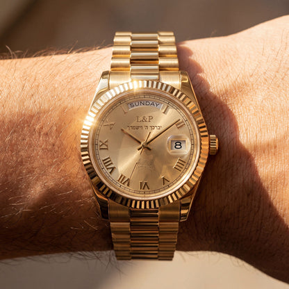 L&P Shalom - Priestly Blessing gold watch on wrist